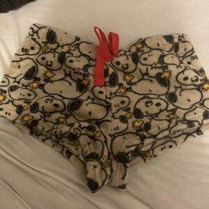 Peanuts Cream Black Yellow Fleece Pajama Shorts with Red Drawstring